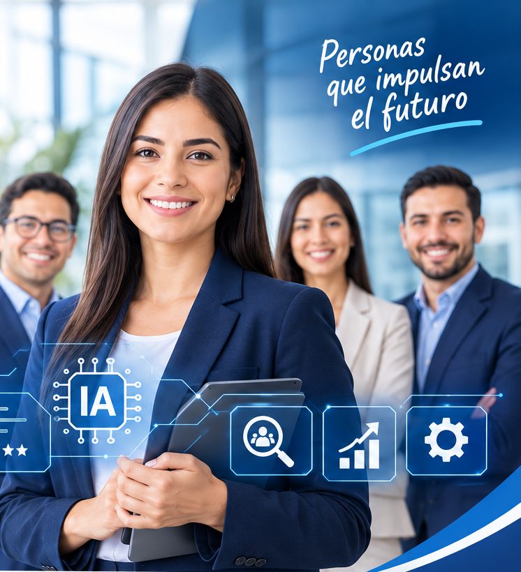Equipo de profesionales de CYL Gestión del Talento Humano con una tablet e íconos de inteligencia artificial