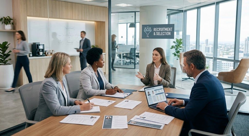Equipo de selección revisando currículums y perfiles de candidatos en una reunión